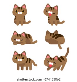 Vector set of cute cat in different action poses isolated on white background.