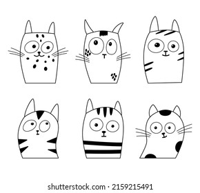 Vector set of cute cat faces with diffrent emotions. Doodle style.Design elements for fabric,paper goods, cards. Isolated on white background. 
