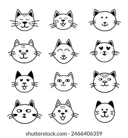 Vector Set of Cute Cat Faces with Different Expressions - Emoji Style Cat Icons. Doodle sketch. Hand drawn style. Funny