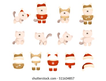 vector set of cute cat kitten in clothes, hat scarf sweater.