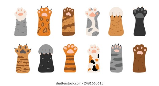 Vector conjunto de lindas patas de gato. Diferentes patas de gato en estilo de dibujos animados. Colección de pies de mascotas con garras y pelaje diferente. Objetos aislados sobre fondo blanco. Día internacional de los gatos.