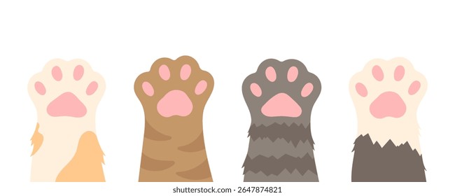Conjunto vetorial de patas de gato bonitinhas. Diferentes patas de gato. Coleção de pés de animais de estimação com diferentes peles. Gatos do dia internacional.