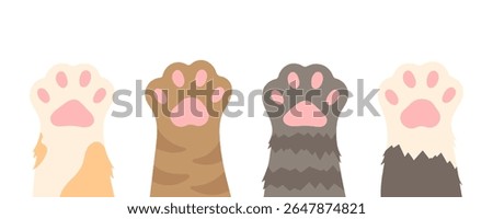 Vector set of cute cat paws. Different cat paws. Collection of pets feet with different fur. International day cats.
