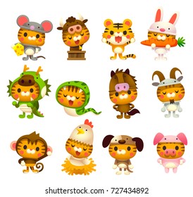 Vector set of cute cat wearing 12 zodiac animal costume.