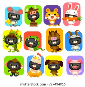 Vector set of cute cat wearing 12 zodiac animal costume.