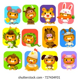 Vector set of cute cat wearing 12 zodiac animal costume.