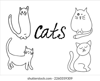 Vector set. Cute cats. Vector black and white hand-drawn doodles. Template design, clipart, logo, sketch.