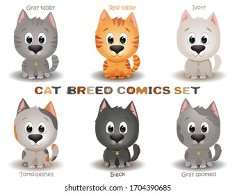 Vector set with cute cats breeds in cartoon style. Game UI Flat. Little kittens in different colors. Flat character illustration isolated on white background