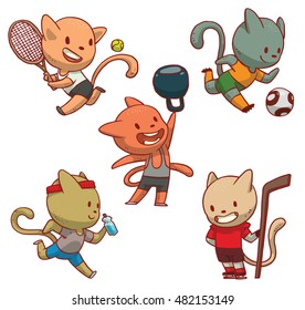 Vector set of cute cats of different colors in various clothes involved in sports: playing tennis, playing football, engaged in weightlifting, jogging and playing hockey on a white background. 