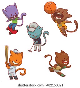 Vector set of cute cats of different colors in various clothes involved in sports: engaged in skateboarding, playing basketball, playing golf, playing baseball and playing rugby on a white background.