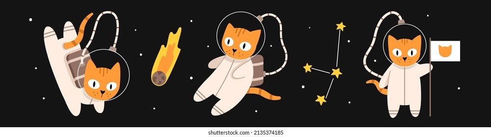 Vector set with cute cats in space. Cat astronauts in flat design. Funny animals flying in the galaxy. Cat in space puts a flag. Constellation and comet.