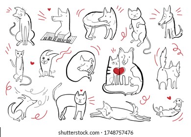 Vector set of cute characters dogs and cats in different emotional states. Black contour illustration with red elements.