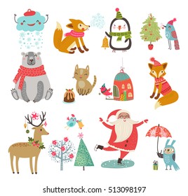 Vector set of cute characters. New year Christmas Winter Collection