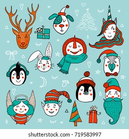 Vector set of cute characters. New year Christmas Winter Collection