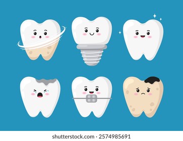 Vector set of cute characters teeth with braces, with plaque and caries, dental implant, cleaning and whitening, cracked, healthy. Teeth with different emotions. Dental care and oral hygiene concept