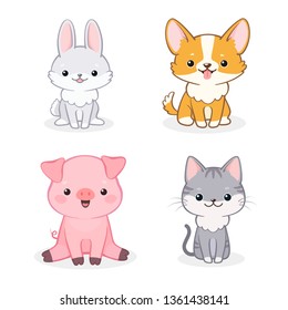 
Vector set of cute cheerful cartoon dog, piglet, cat and rabbit. Isolated on white background. Can be used for baby shower invitation and greeting cards 