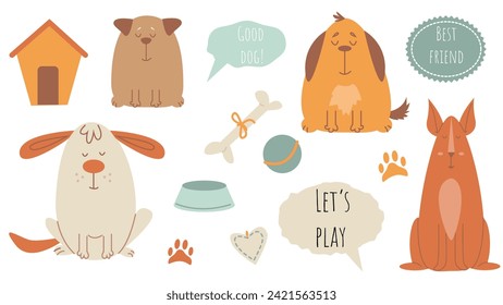 Vector set with cute cheerful dogs and their toys