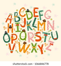 Vector set of cute, cheerful letters. bright characters. children learning the alphabet. Lettering 