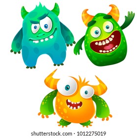 Vector set of cute and cheerful monsters isolated on white background. Illustrations of funny and bright monsters in a children's style