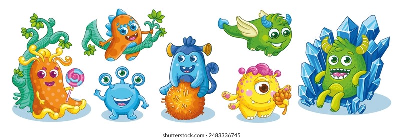 Conjunto de Vector de monstruos lindos y alegres aislados sobre fondo blanco. Ilustraciones de monstruos divertidos y brillantes en un estilo infantil.