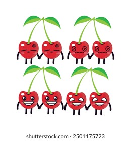 Vector set of cute Cherry fruit emojis. Isolated on white background. Kawaii cartoon smiling Cherries.