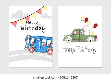 Conjunto de Vector de tarjeta de cumpleaños de los niños lindos con el coche verde y los globos y el autobús azul para los niños	