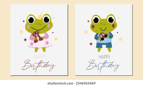  Vector set of cute children birthday cards with little girl frog and boy frog. Vector illustration of cute little frogs.