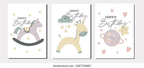Vector set of cute children birthday cards with little rocking horse, planet, giraffe with stars. Cute pastel birthday cards with funny animals.
