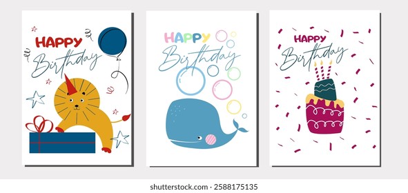 Vector set of cute children birthday cards with little lion, whale, birthday cake and confetti on white background