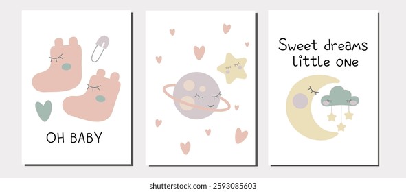Vector set of cute children birthday cards with little moon, planet, booties with stars. Cute pastel birthday cards with funny baby elements.