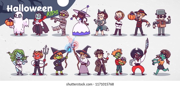 Vector set with cute children in festive costumes. Funny little boys and girls celebrating Halloween