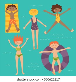 Vector Set Of Cute Children Swimming In The Sea, Happy Kids Relaxing In The Water