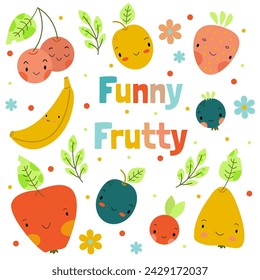 Vector set with cute children's coloured fruits and berries