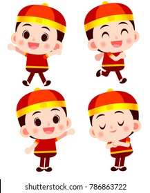 Vector set of cute Chinese boy character in different actions isolated on white background.