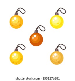 Vector set of cute christmas balls of yellow and brown color looking like cheese with holes. Christmas decoration. Cartoon new year element. Funny winter illustration