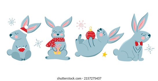 Vector set with cute Christmas bunnies in cartoon style, symbol of the year, cute holiday animals, bunnies, winter. Children's illustration for postcards, posters, design, fabrics.