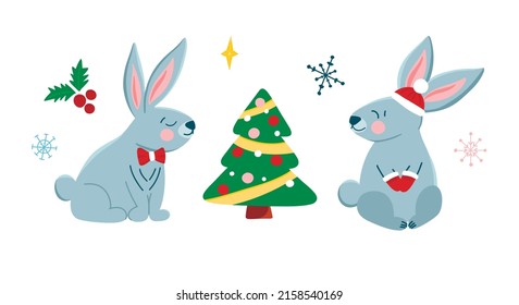 Vector set with cute Christmas bunnies in cartoon style, symbol of the year, Christmas tree. Children's illustration with cute animals for postcards, posters, design, fabrics.