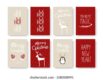 Vector set cute Christmas cards with white and red hand lettering Merry Christmas, HO HO HO, Happy New Year and hand drawn deers, penguin, mittens, stars and snow isolated on red and beige background.
