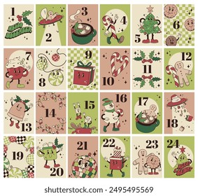 Vektorgrafik Set von niedlichen Weihnachtskarten für Adventskalender im Retro-Stil. Handgezeichnete festliche Cartoon-Illustration mit Figuren in Vintage-Farben