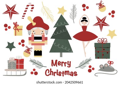 Vector set of cute christmas elements with Nutcracker and ballerina, gifts, christmas tree, balls and candy for fabrics, paper, textile, gift wrap isolated on white background