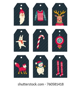 vector set of cute christmas gift tags with traditional symbols