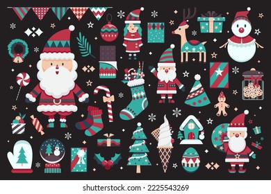 Vektorset von süßen Weihnachtsbildern, Design-Illustration auf schwarzem Hintergrund. Videokollektion Objekt Santa Claus, Snowman, Weihnachtsbäume. Xmas Design, Vektorset. Nahtlose Weihnachtsgrafik