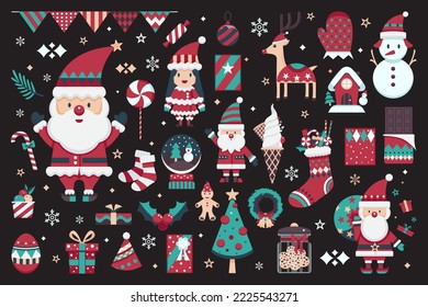 Vector set of cute Christmas icon collection design illustration on black background. Clipart collection asset Santa Claus, Snowman, Christmas trees. Xmas design vector set. Seamless Christmas graphic