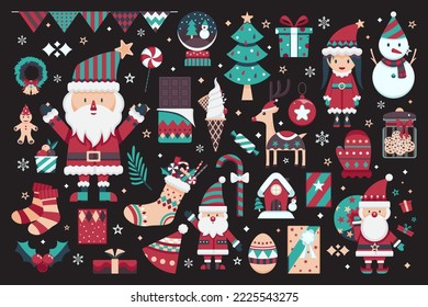 Vector set of cute Christmas icon collection design illustration on black background. Clipart collection asset Santa Claus, Snowman, Christmas trees. Xmas design vector set. Seamless Christmas graphic