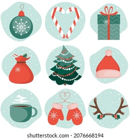 Juego de vectores de adorables iconos de Navidad. Símbolos de Año Nuevo en estilo plano.