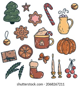 Vector set of cute Christmas items. Cozy home elements