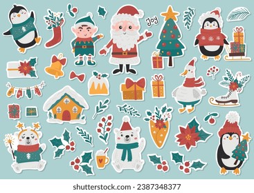 Vector set of cute Christmas labels with penguins, bears, elf, santa claus and others.