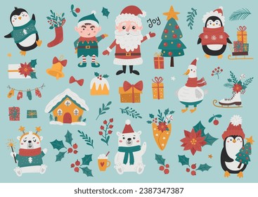 Vector set of cute Christmas penguins, bears, elf, santa claus and others.