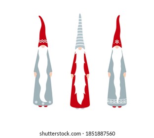 Vector set of cute Christmas Santa or gnomes in hat isolated on white background. Funny Xmas magic Santa with long beard for card, greeting, template, poster. Christmas gnomes or wizards.  