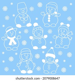 Conjunto vectorial de lindos hombres de nieve navideños con copos de nieve, blanco sobre azul, para el diseño de tarjetas de felicitación, paquetes, cubiertas, impresiones textiles